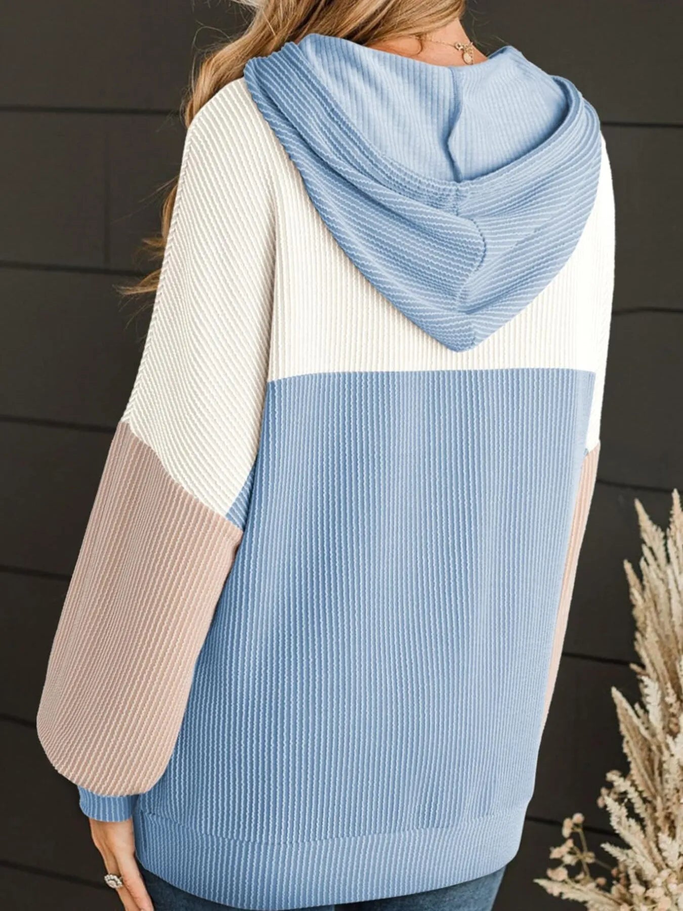 Women Drawstring Color Block Long Sleeve Hoodie