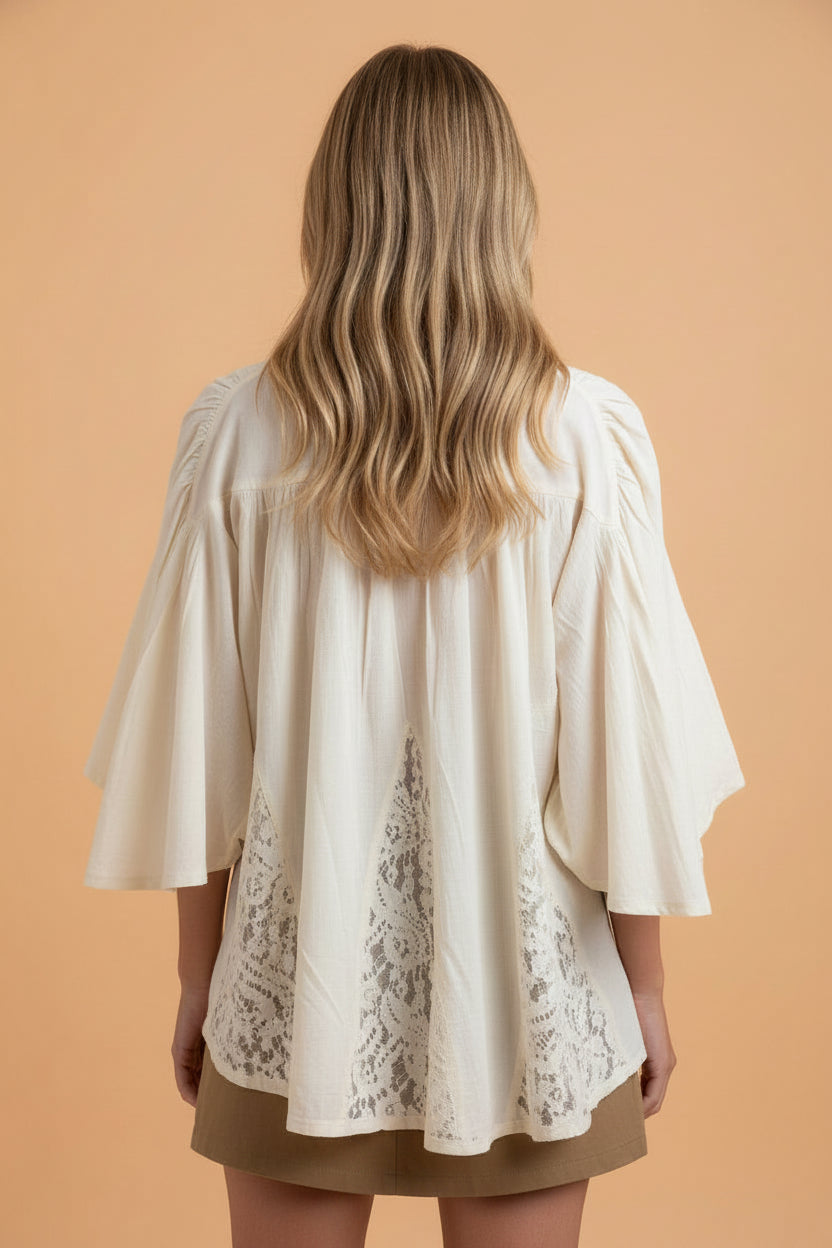 Sheer Lace Patchwork 3/4 Sleeve Flowy Shirt