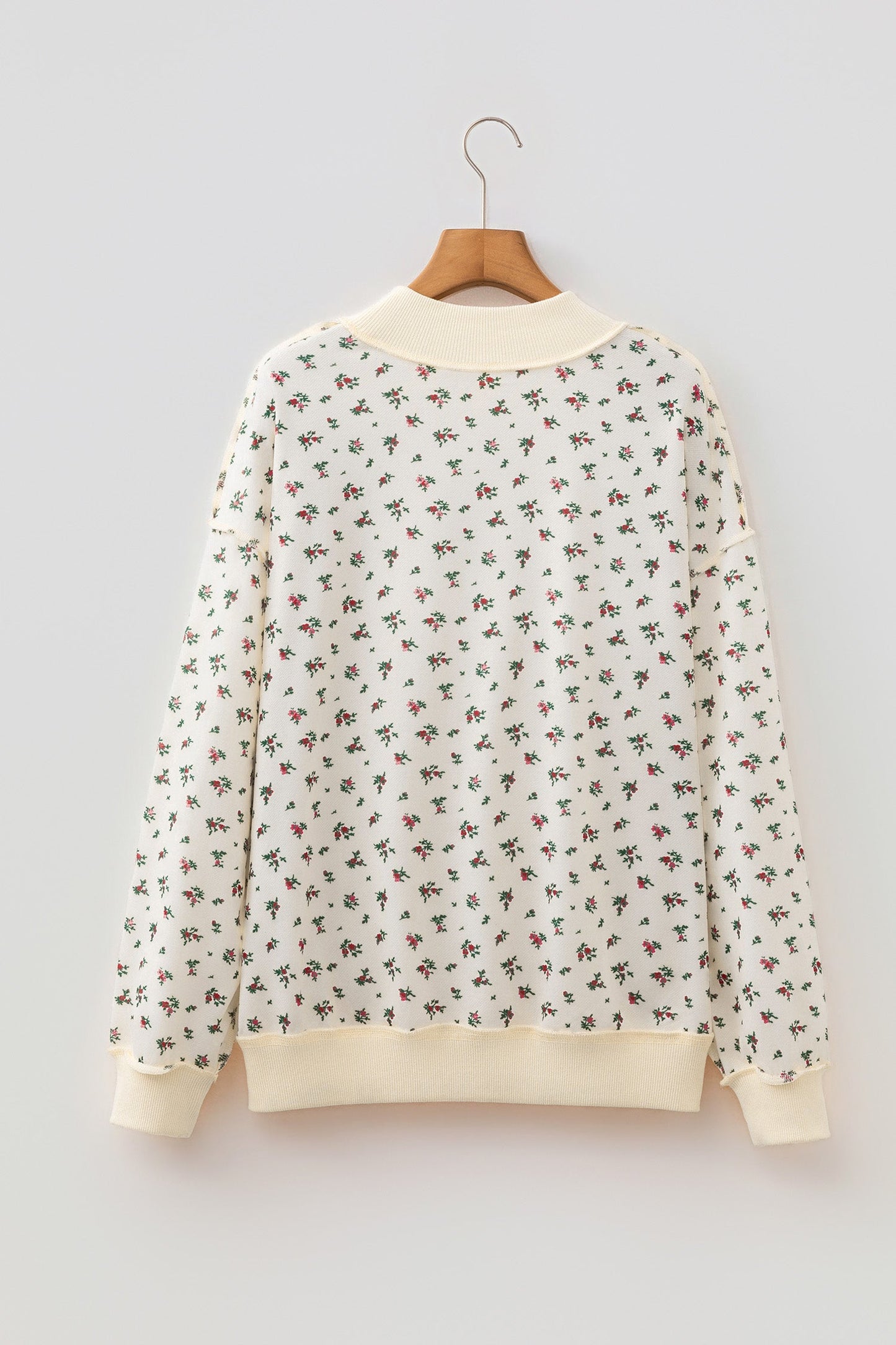Floral Ribbed High Neck Exposed Hem Baggy Sweatshirt