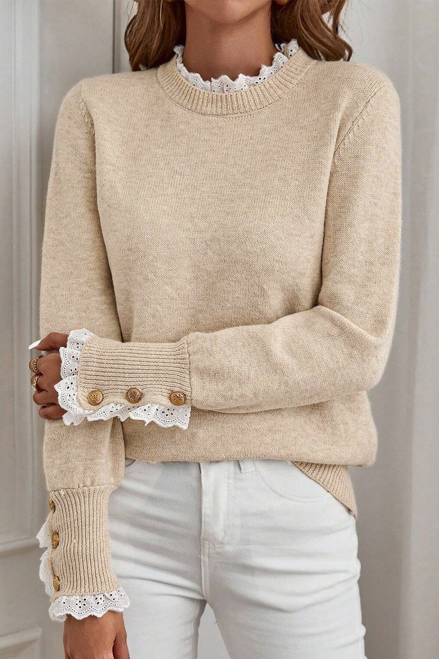 Lace Trim Patchwork Buttoned Cuff Sweater