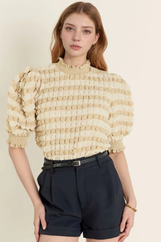 Textured Mock Neck Short Sleeve Blouse