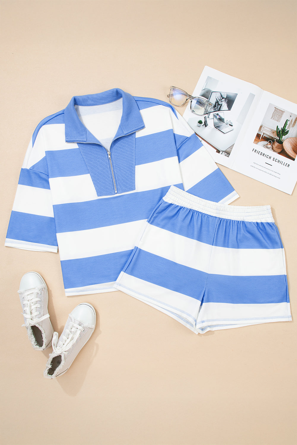 Stripe Half Zip Tee & Elastic Shorts Set
