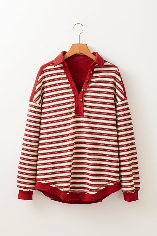 Stripe Buttoned Collared V-Neck Drop Shoulder Top