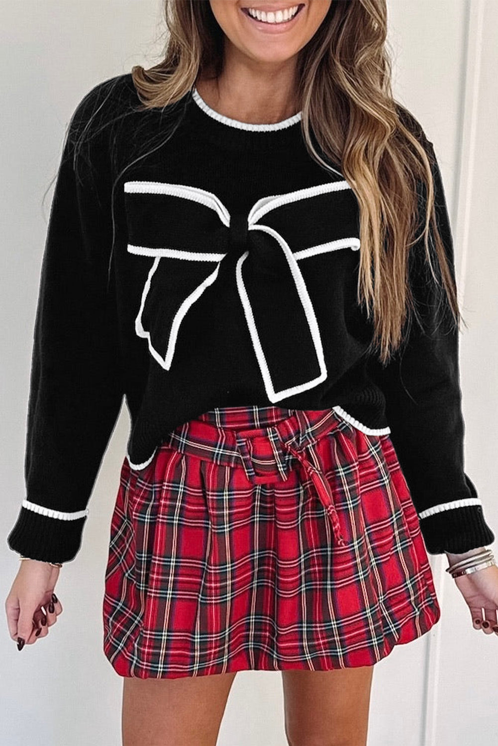 Bow Contrast Trim Long Sleeve Cropped Christmas Sweater