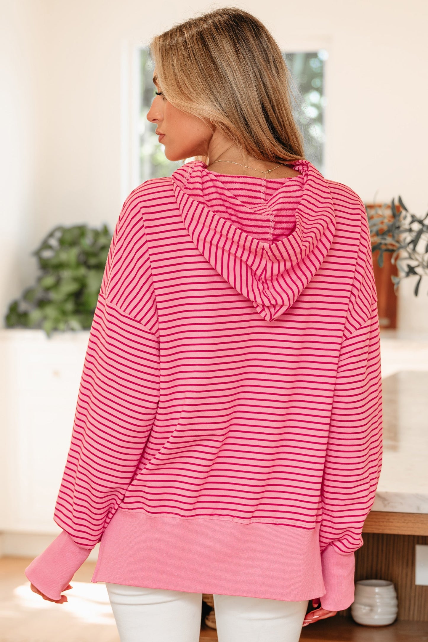 Stripe Thumbhole Sleeve Side Slit Drop Shoulder Hoodie