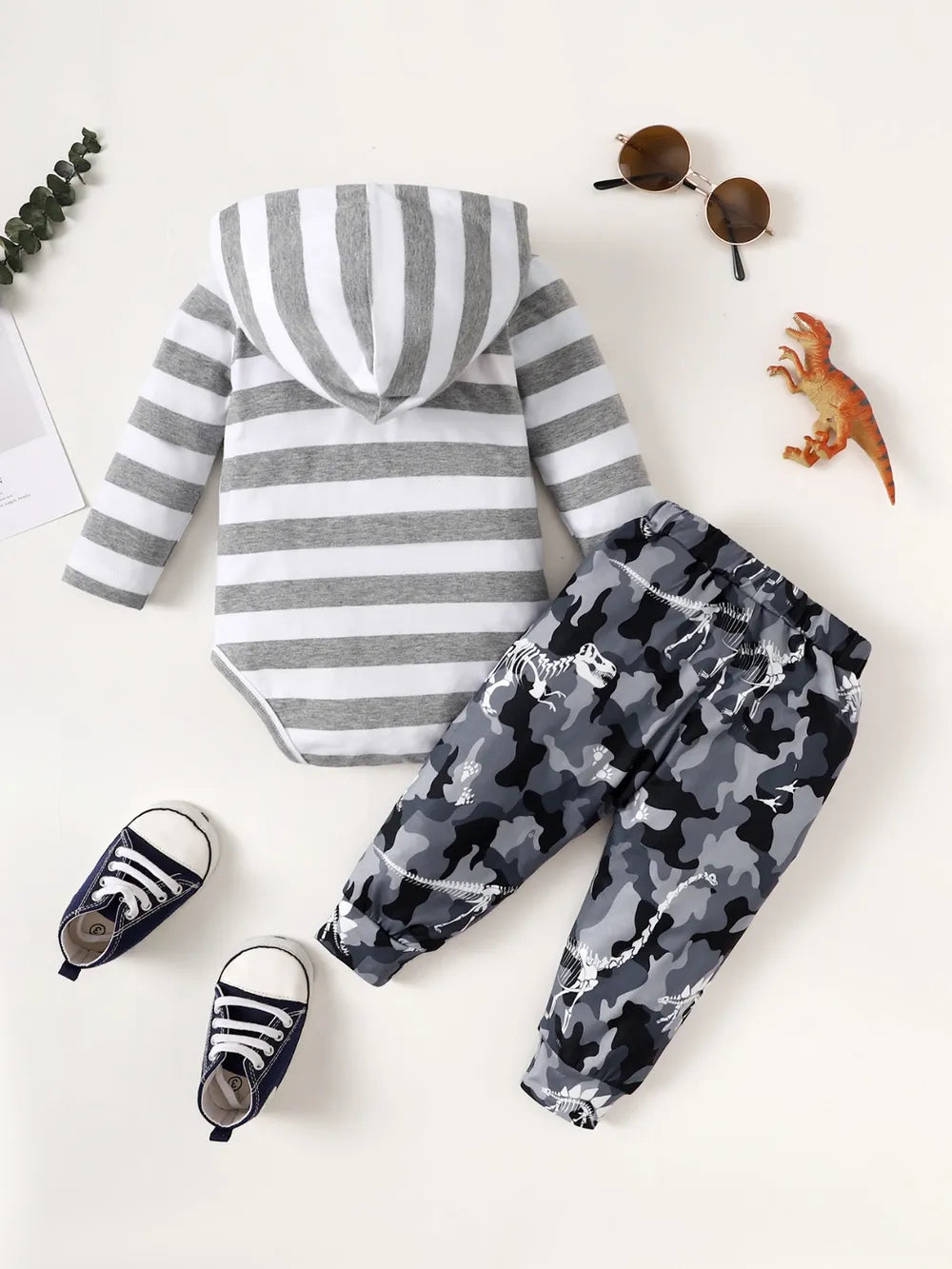 Baby and Toddler Girls Striped Hooded Bodysuit and Camouflage Pants Set