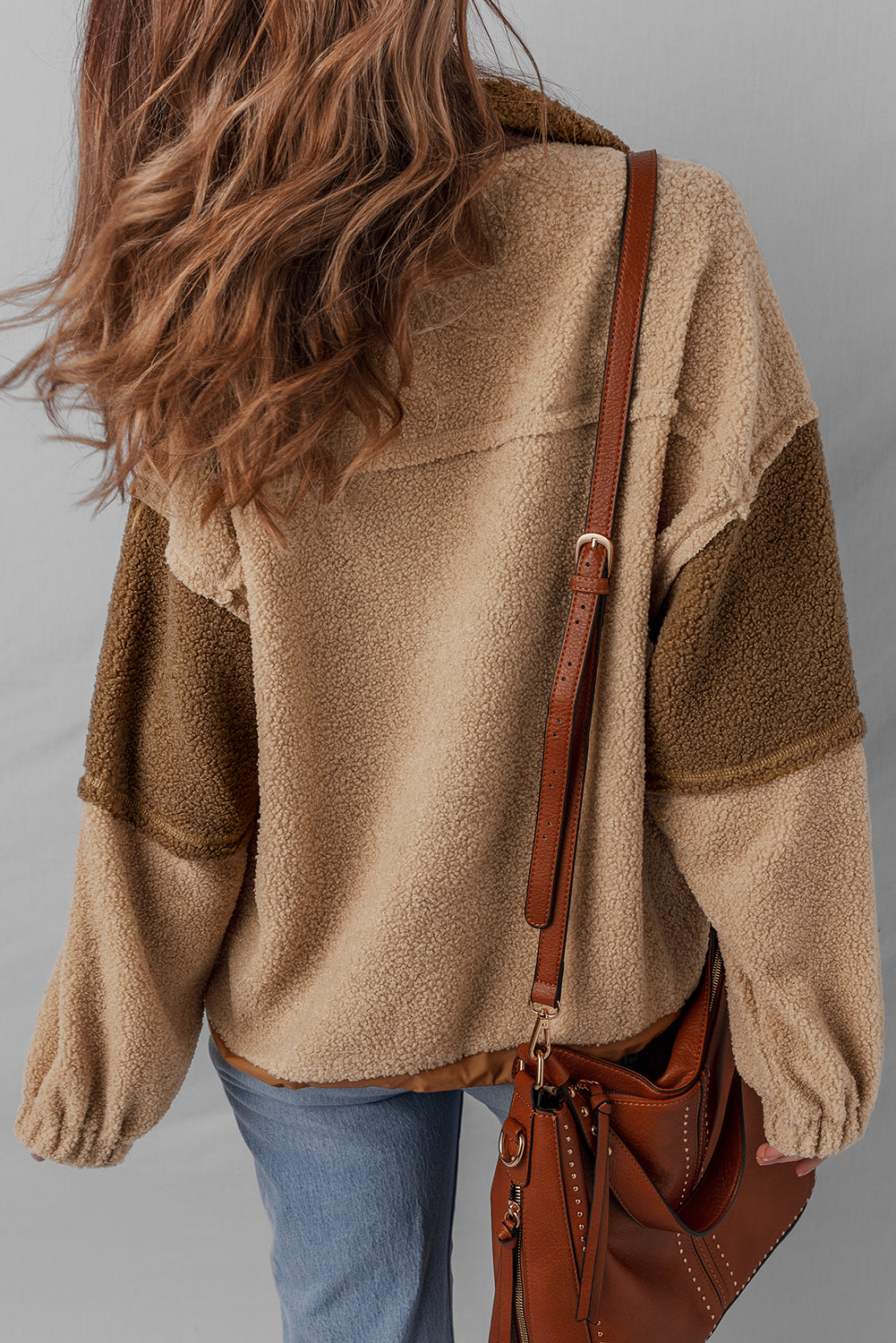 Colorblock Sherpa Patchwork Half Button Sweatshirt