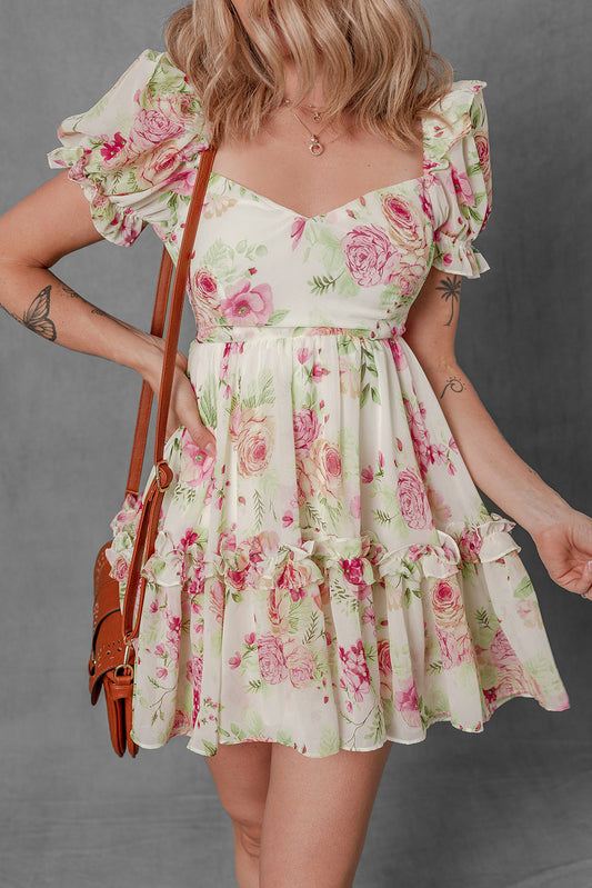 Floral Ruffle Sweetheart Mini Dress