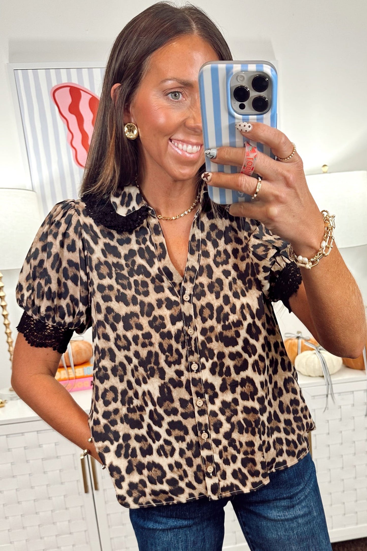 Leopard Lace Trim Short Sleeve Buttoned Shirt