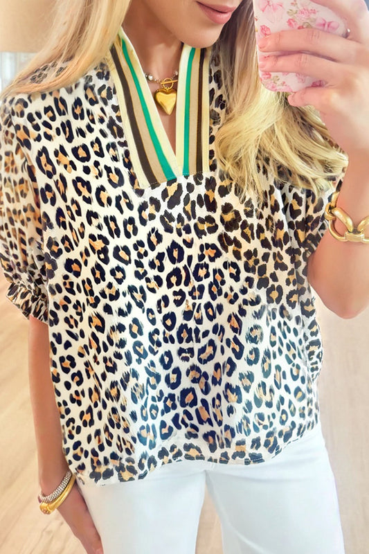 Leopard Colorblock Contrast V-Neck Short Sleeve Blouse