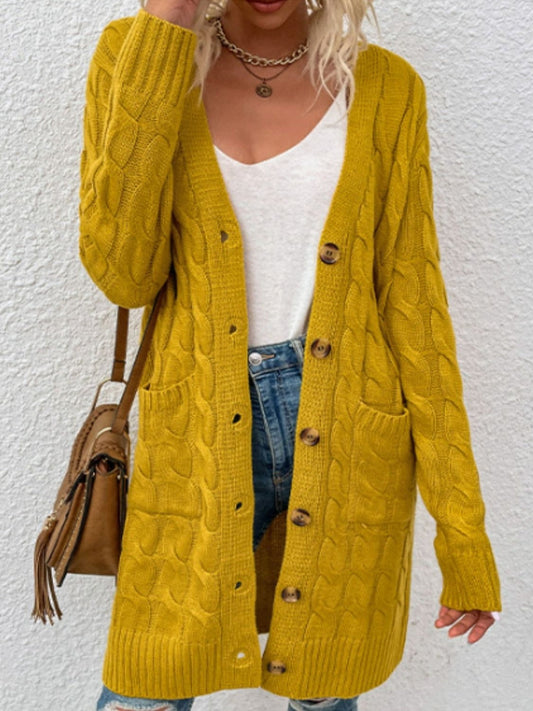 Women Cable-Knit Button Down Cardigan with Pockets