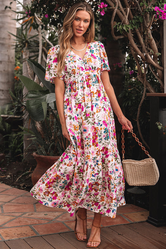 Floral V-Neck Short Sleeve Maxi Dress