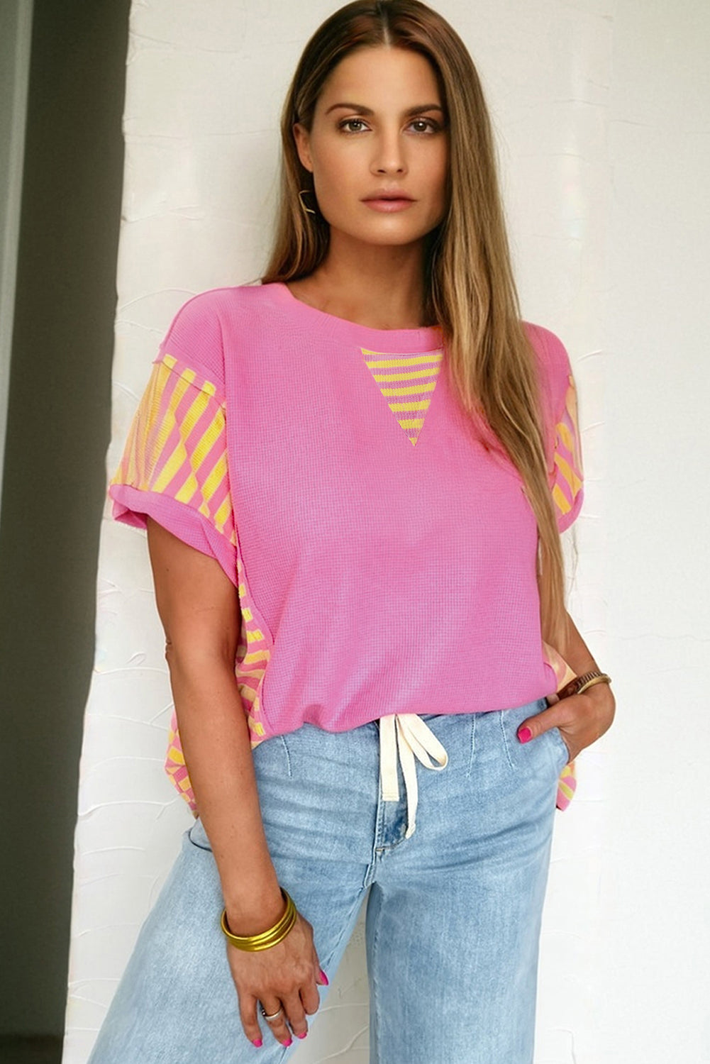 Stripe Patchwork Waffle Knit Loose T-Shirt