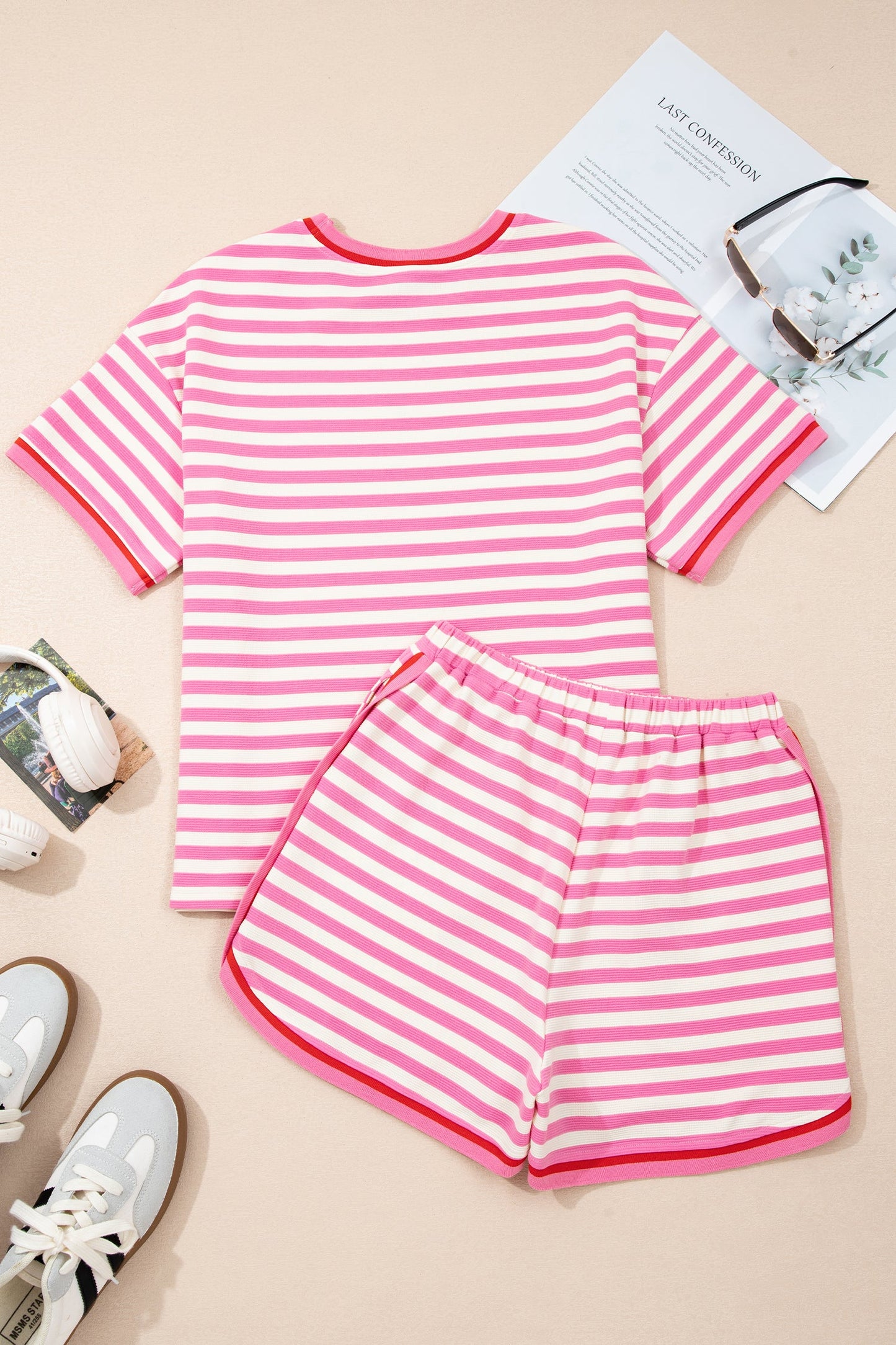 Stripe Contrast Trim Top & Loose Shorts Set