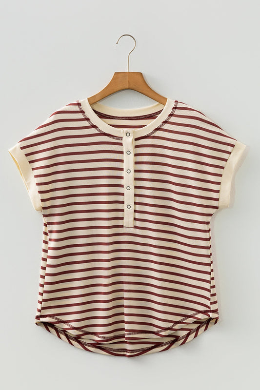 Stripe Half Buttoned Short Sleeve Top