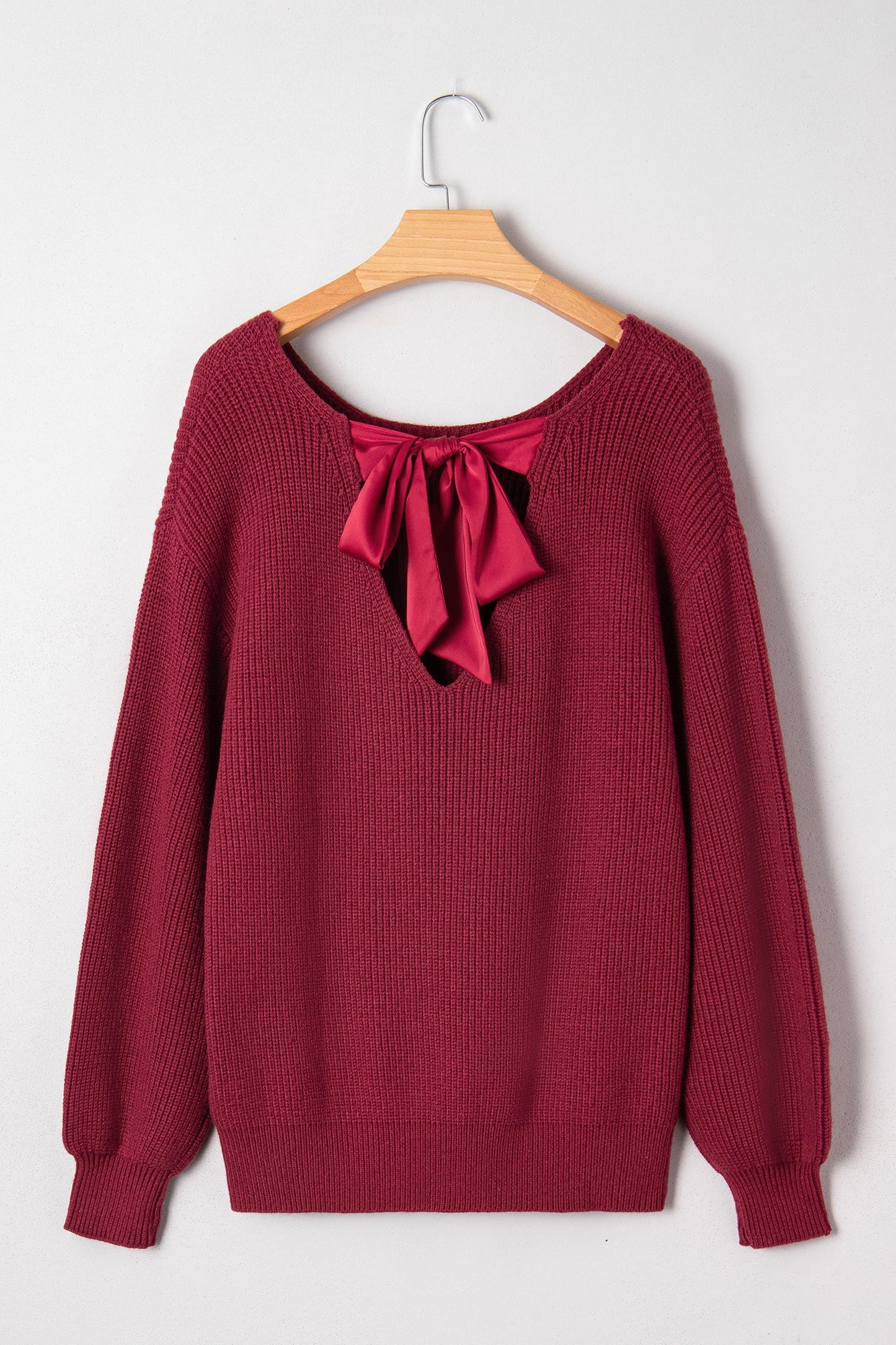 Ribbon Knot Backless Drop Shoulder Ribbed Sweater