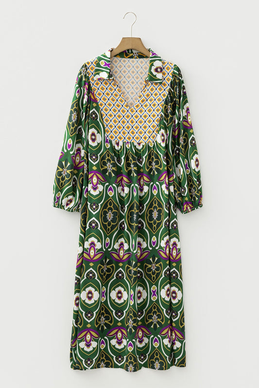 Plus Size Floral Patchwork Collared V-Neck Maxi Dress