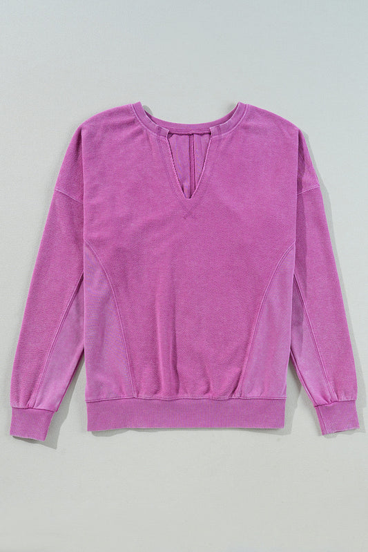 Solid Notched Neck Drop Shoulder Sweatshirt