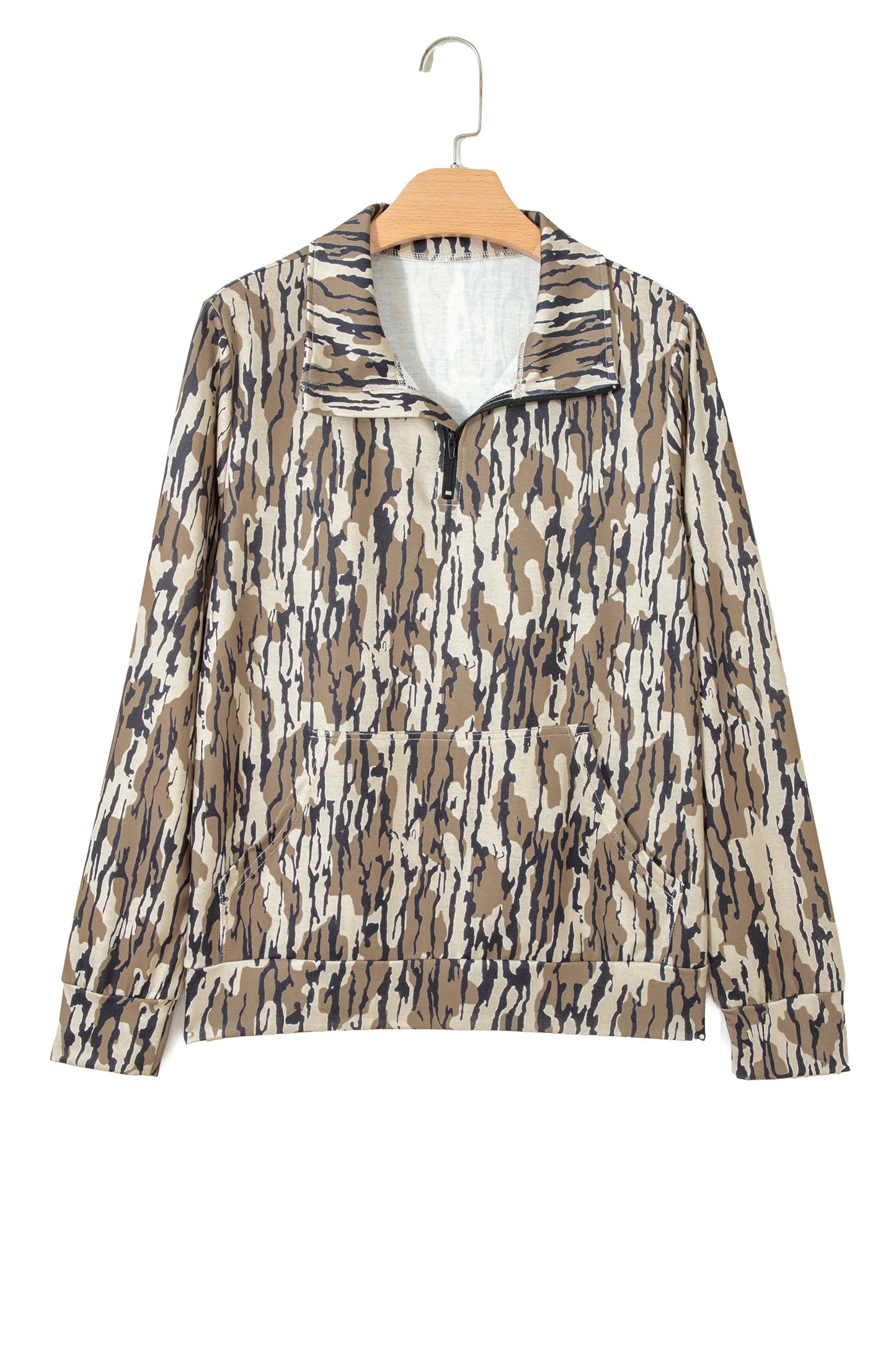Camo Zipped Collar Kangaroo Pocket Sweatshirt