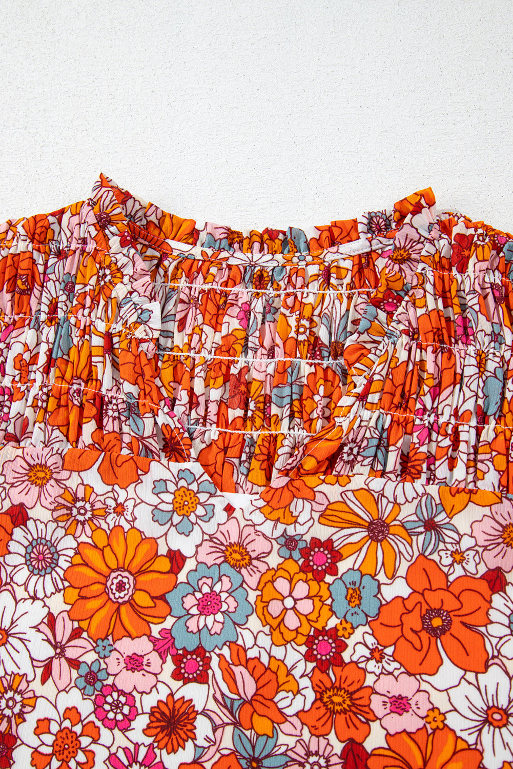 Floral V-Neck Pleated Ruffle Short Sleeve Blouse