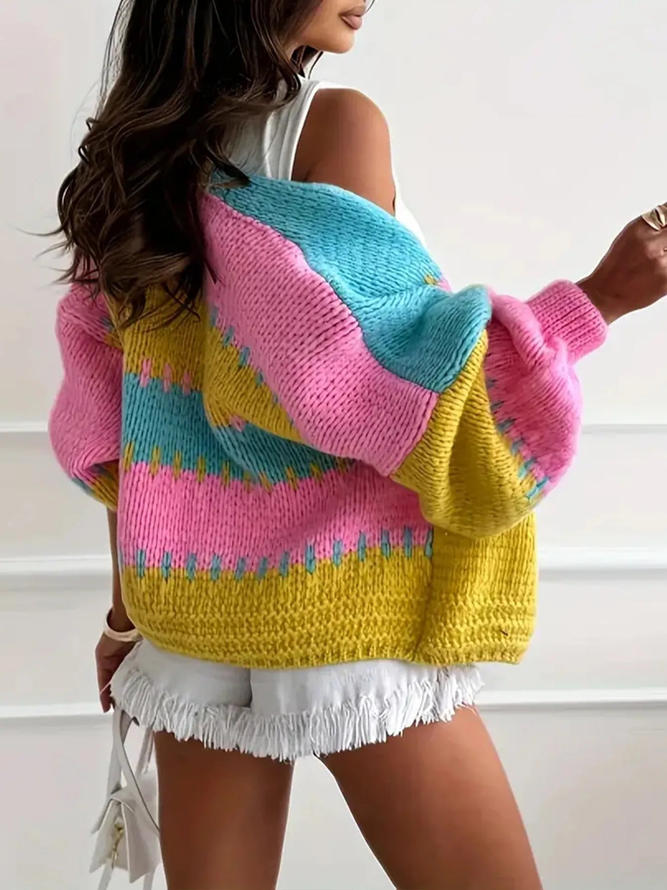Women Color Block Drop Shoulder Cardigan