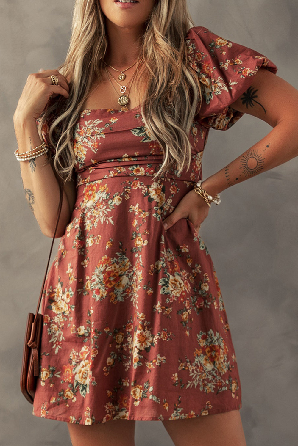 Floral Puff Sleeve Open Back Mini Dress
