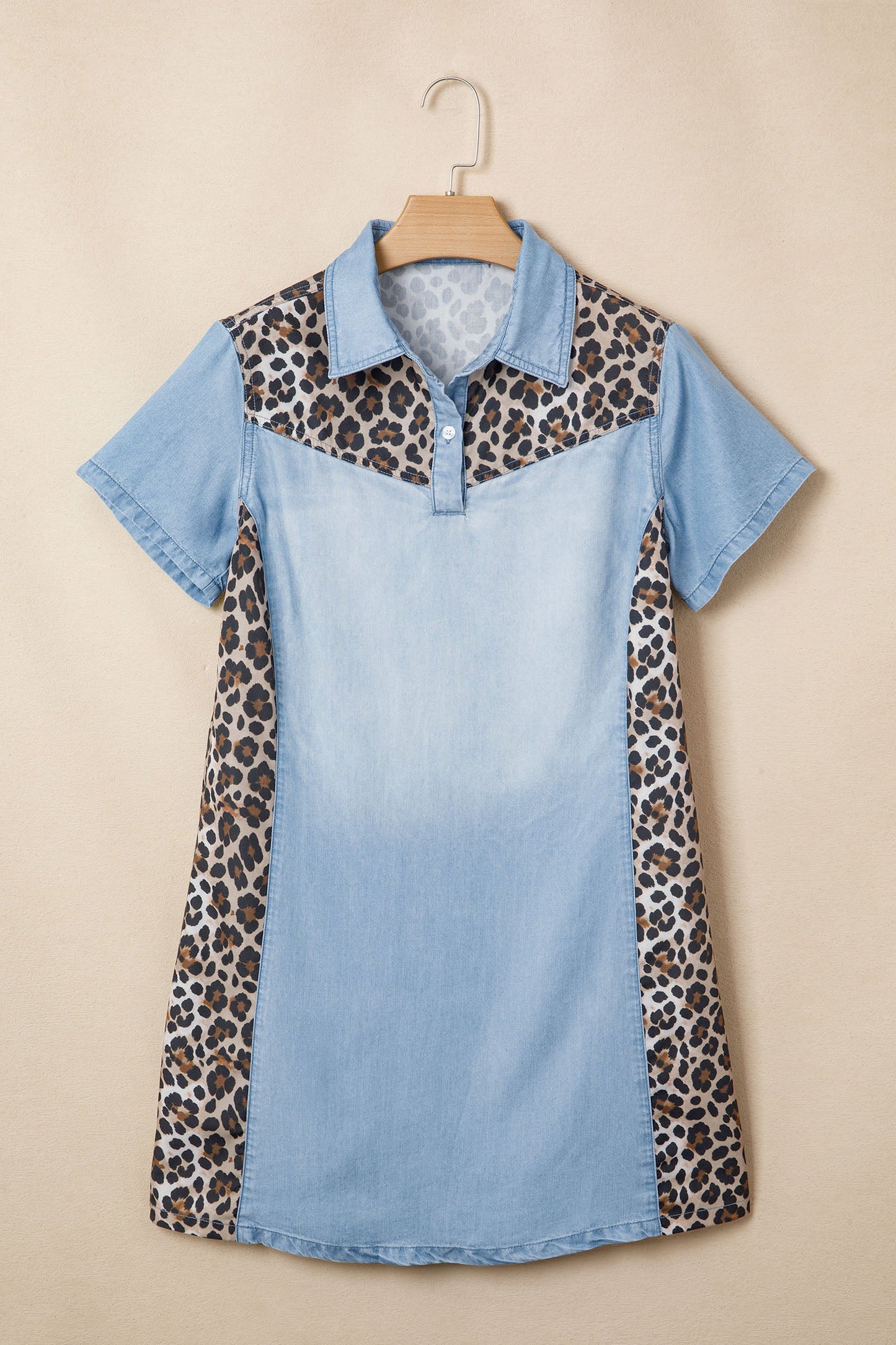 Leopard Patchwork Colorblock Shirt Collar Mini Dress