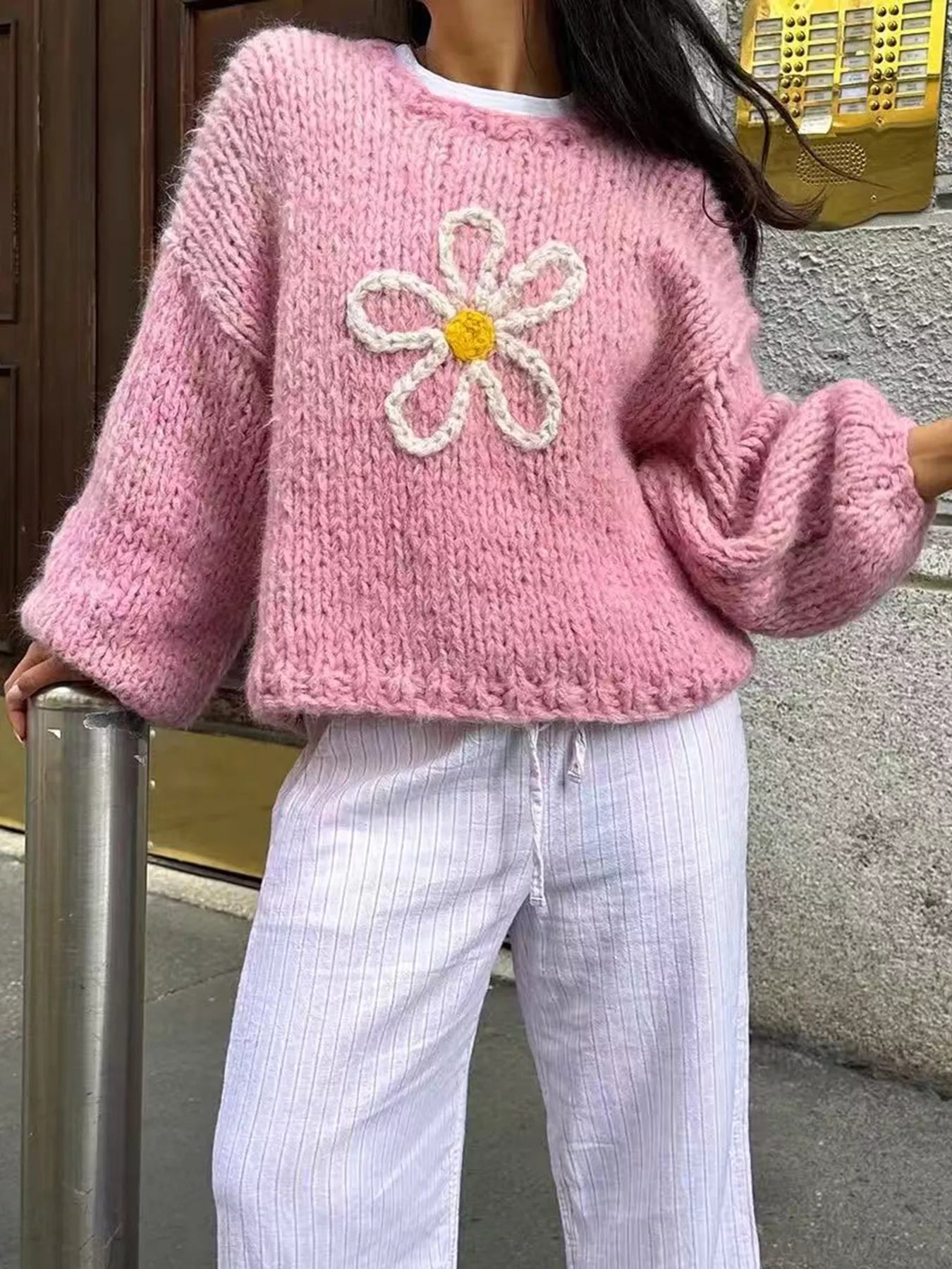 Flower Round Neck Dropped Shoulder Sweater