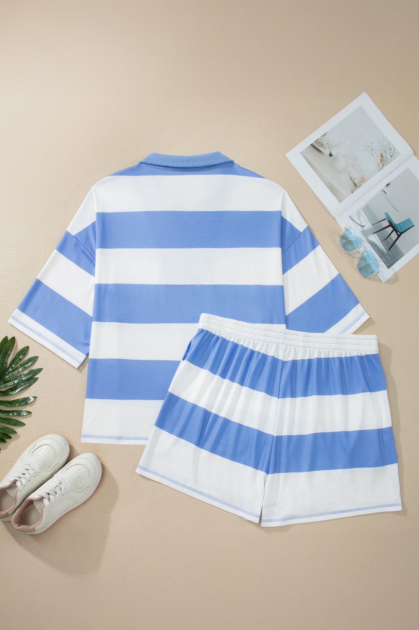Plus Size Stripe Zipped Collar Top & Shorts Set