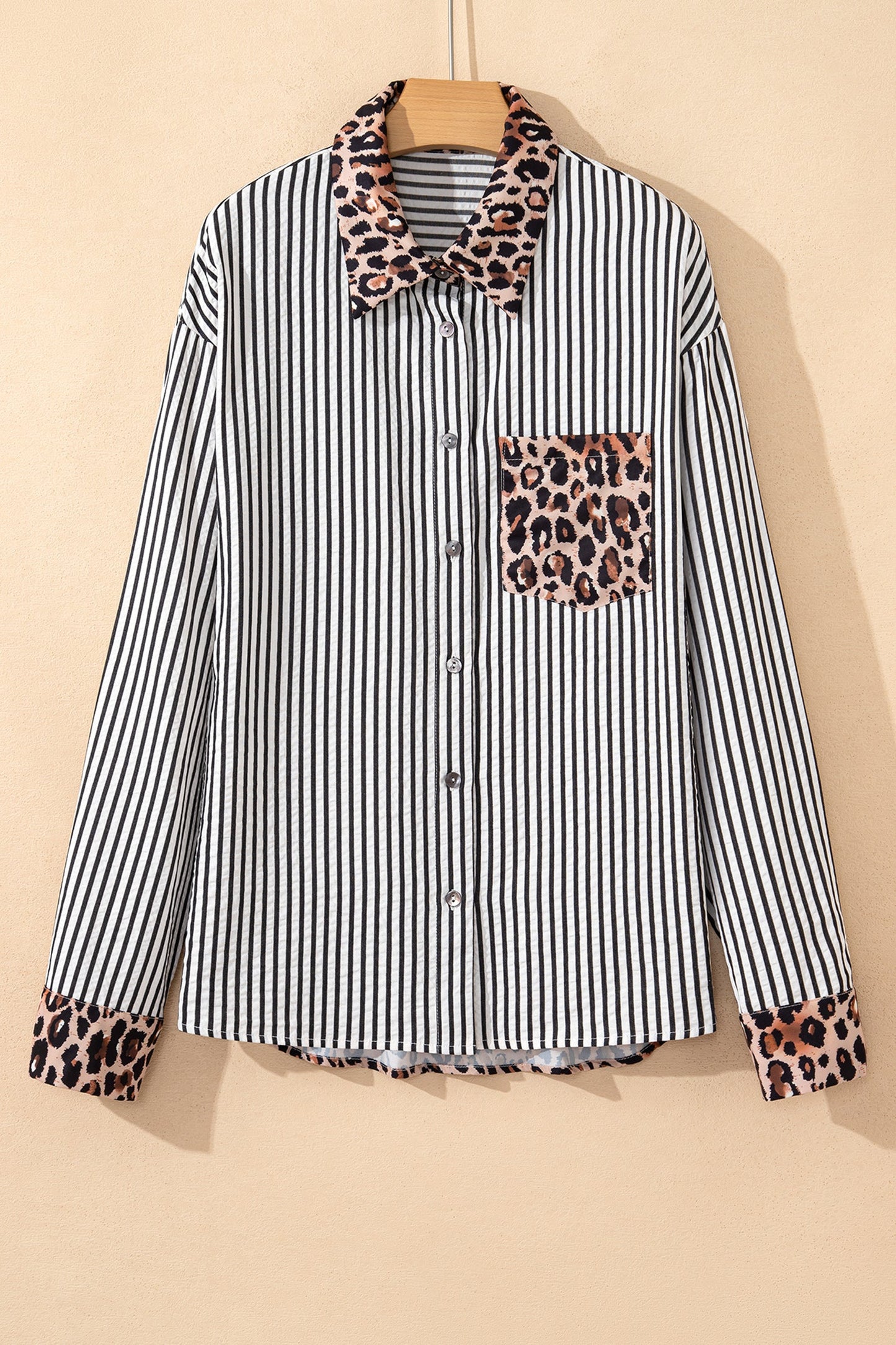 Stripe Leopard Patchwork Long Sleeve Buttoned Shirt