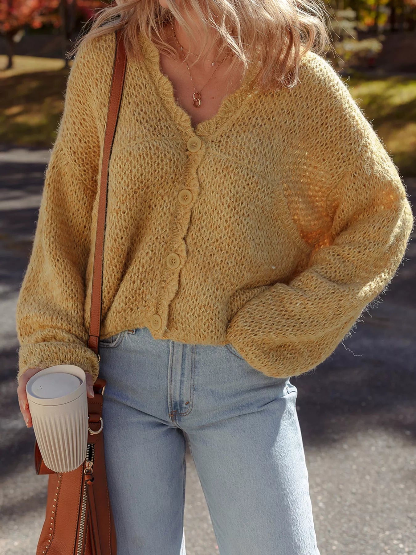 Women Women Lantern Sleeve Scallop V Neck Buttoned Front Cardigan Sweater