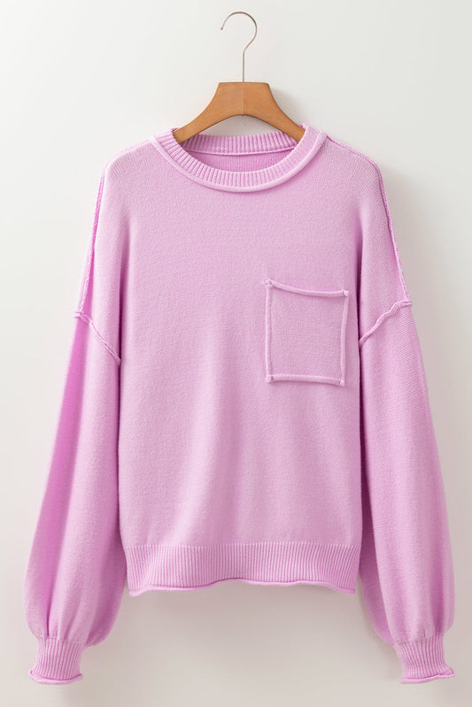 Solid Ribbed Raw Edge Drop Shoulder Sweater