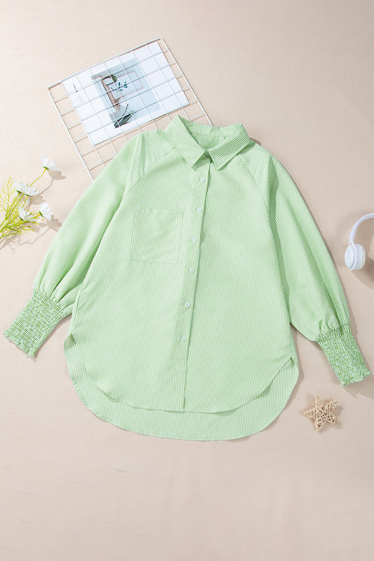 Stripe Shirred Cuff Button-Up Shirt