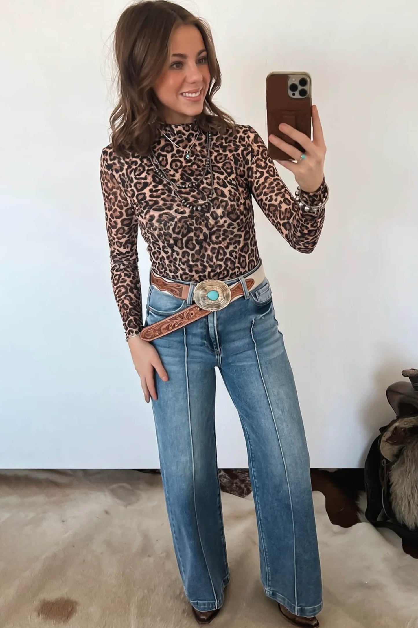 Western Leopard High Neck Long Sleeve Slim Top