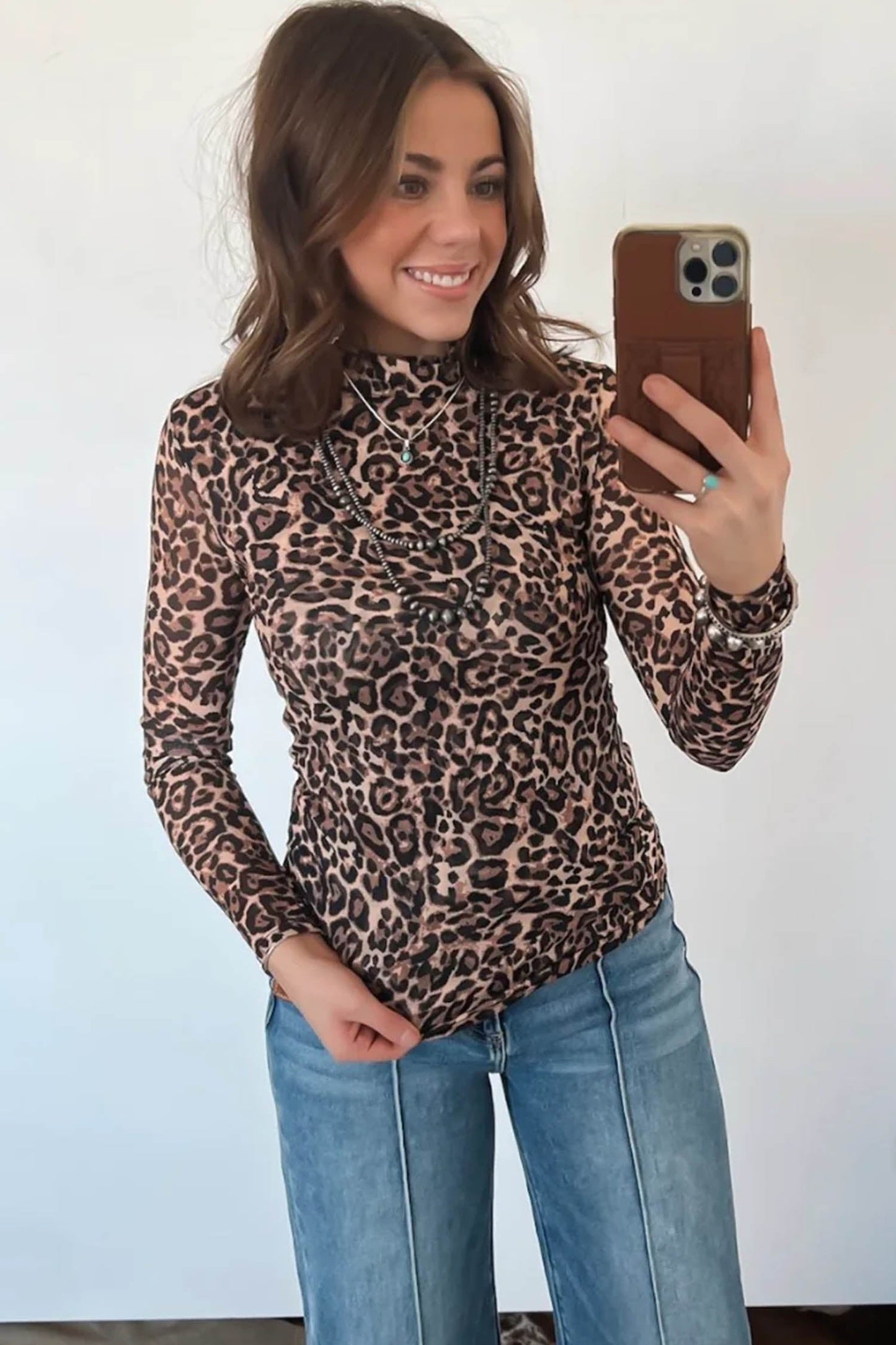 Western Leopard High Neck Long Sleeve Slim Top