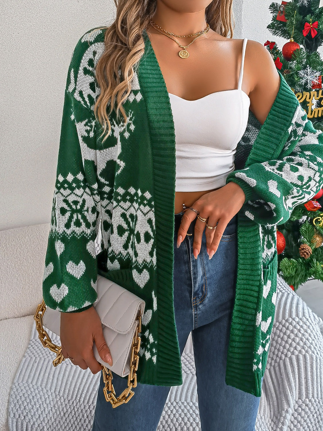 Women Pocketed Open Front Long Sleeve Cardigan