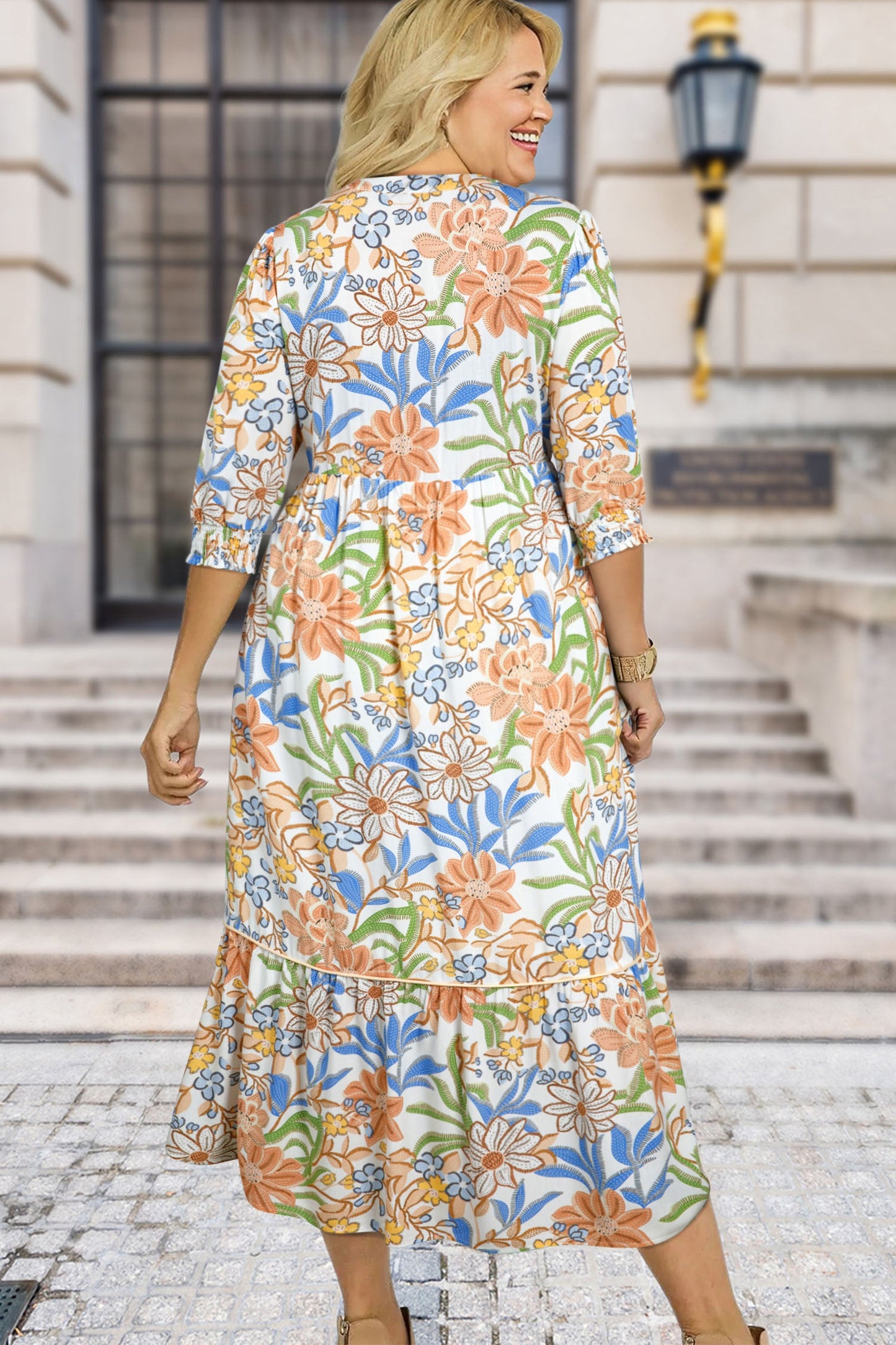 Plus Size Floral 3/4 Sleeve Tiered Dress