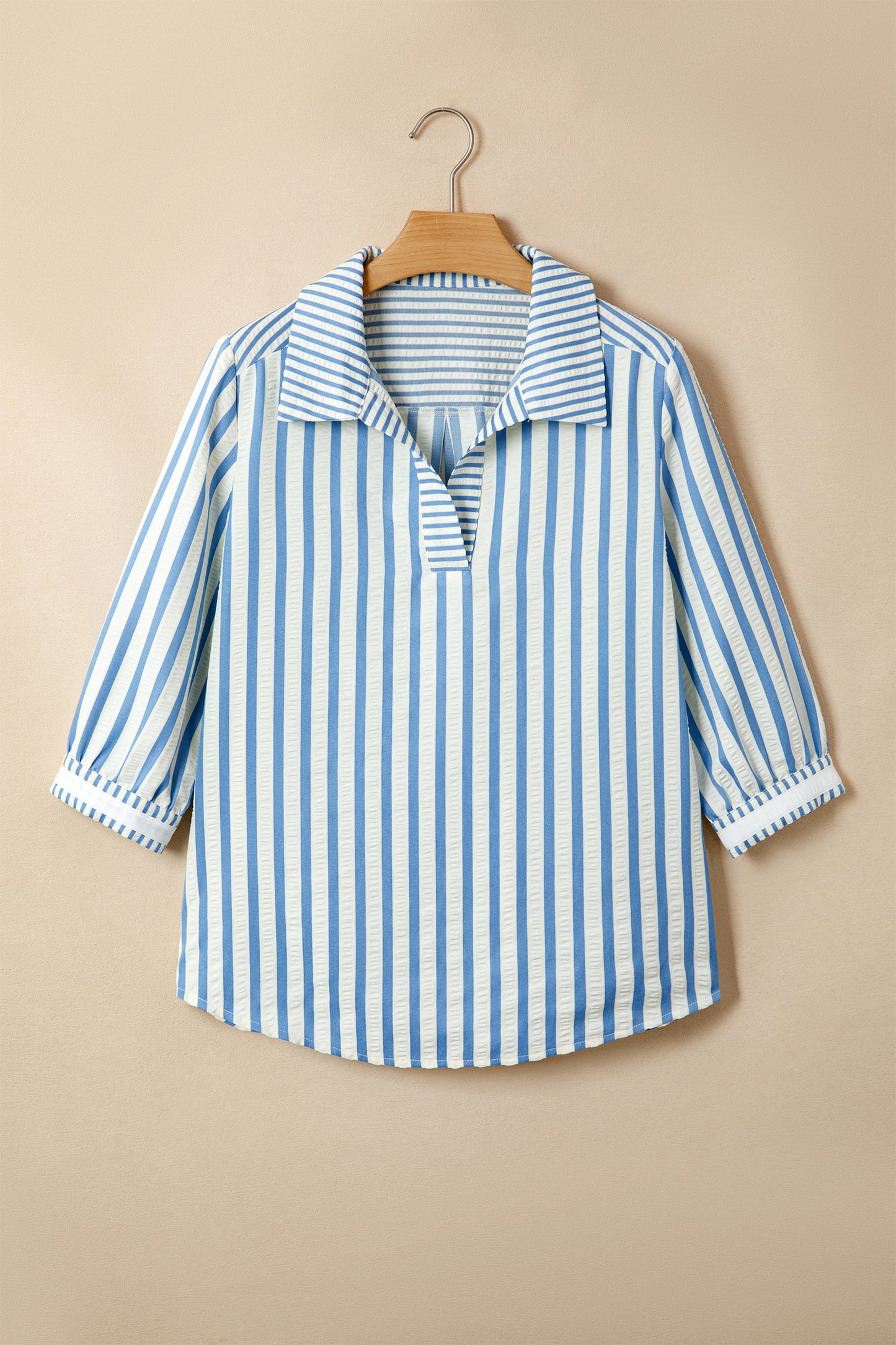 Stripe Collared V-Neck 3/4 Sleeve Blouse