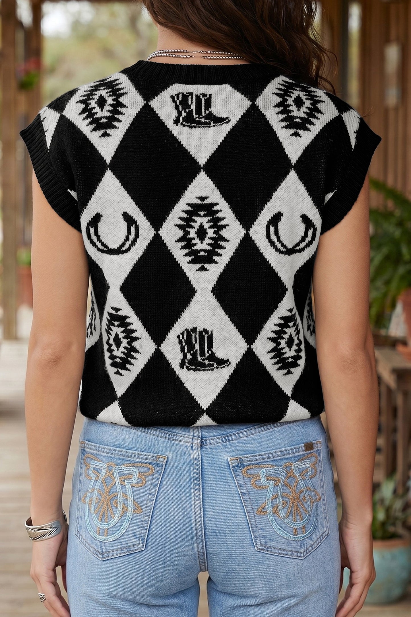Western Retro Rhombus Short Sleeve Knit Top