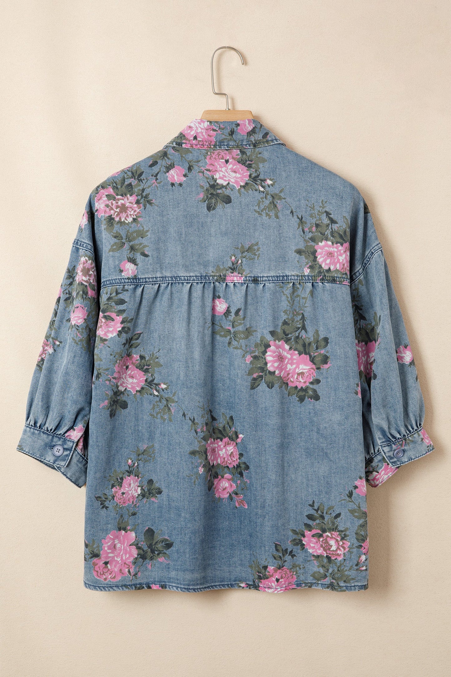 Floral Denim 3/4 Sleeve Buttoned Shirt