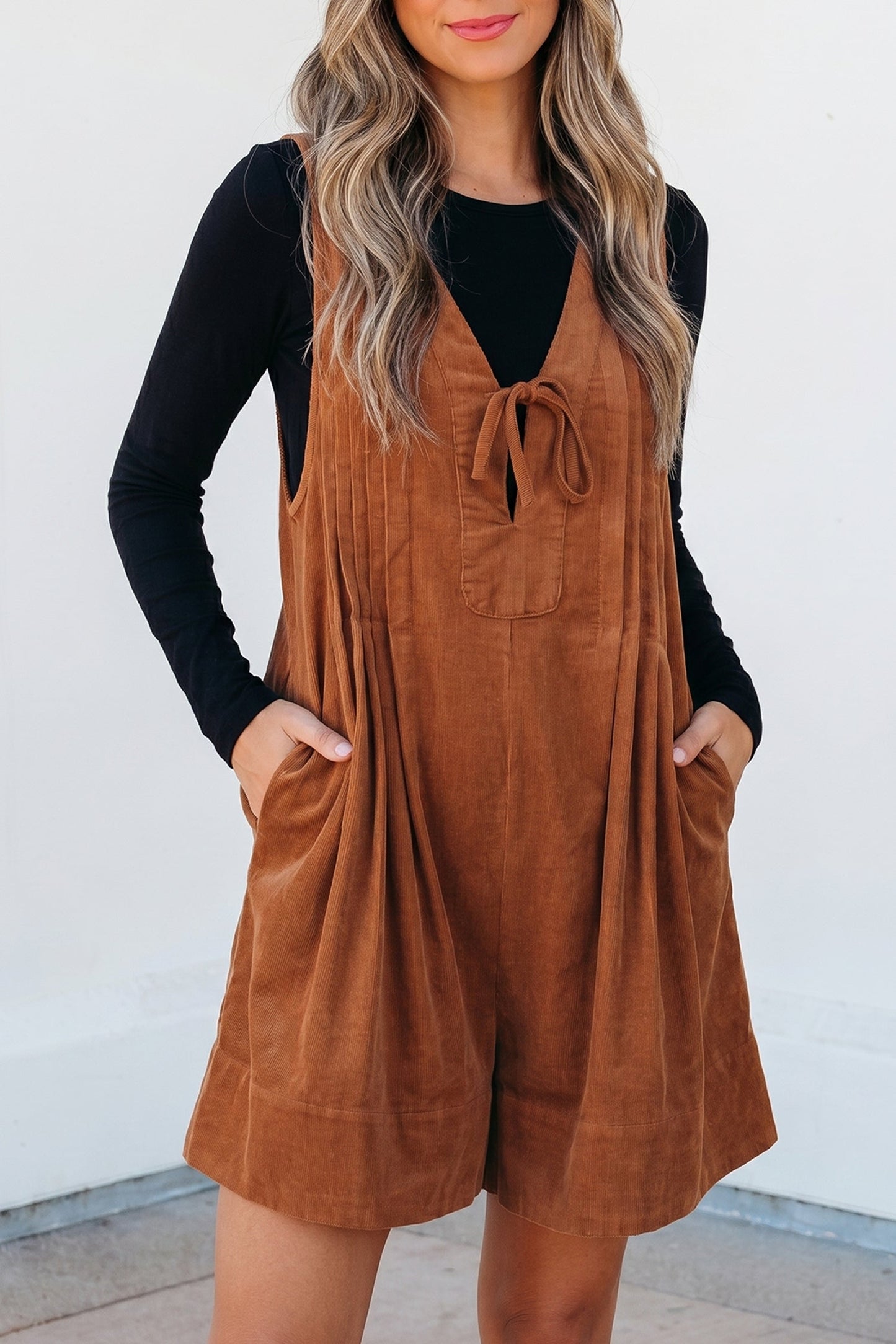Solid Tie V-Neck Sleeveless Corduroy Romper