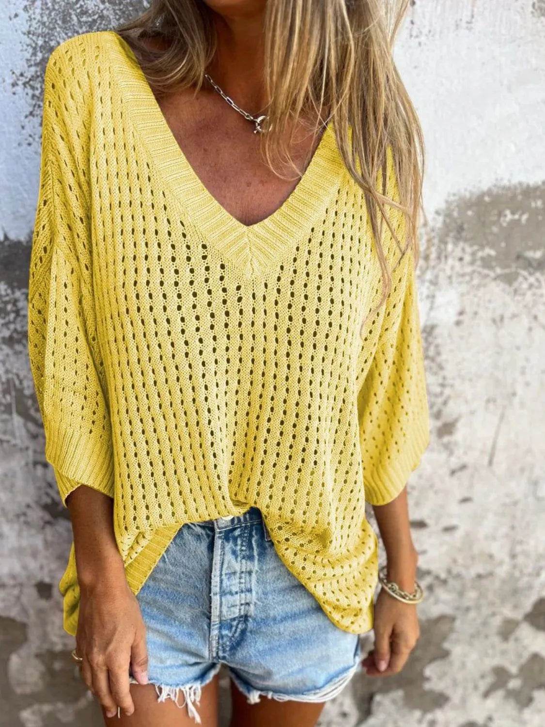 Full Size Openwork V-Neck Knit Cover Up Plus Size