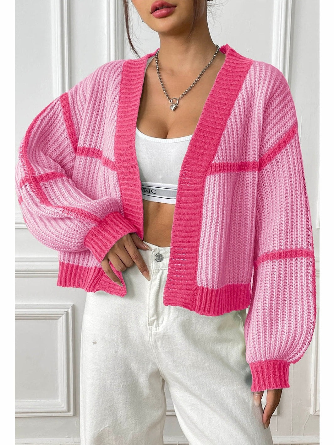 Women Contrast Open Front Long Sleeve Cardigan