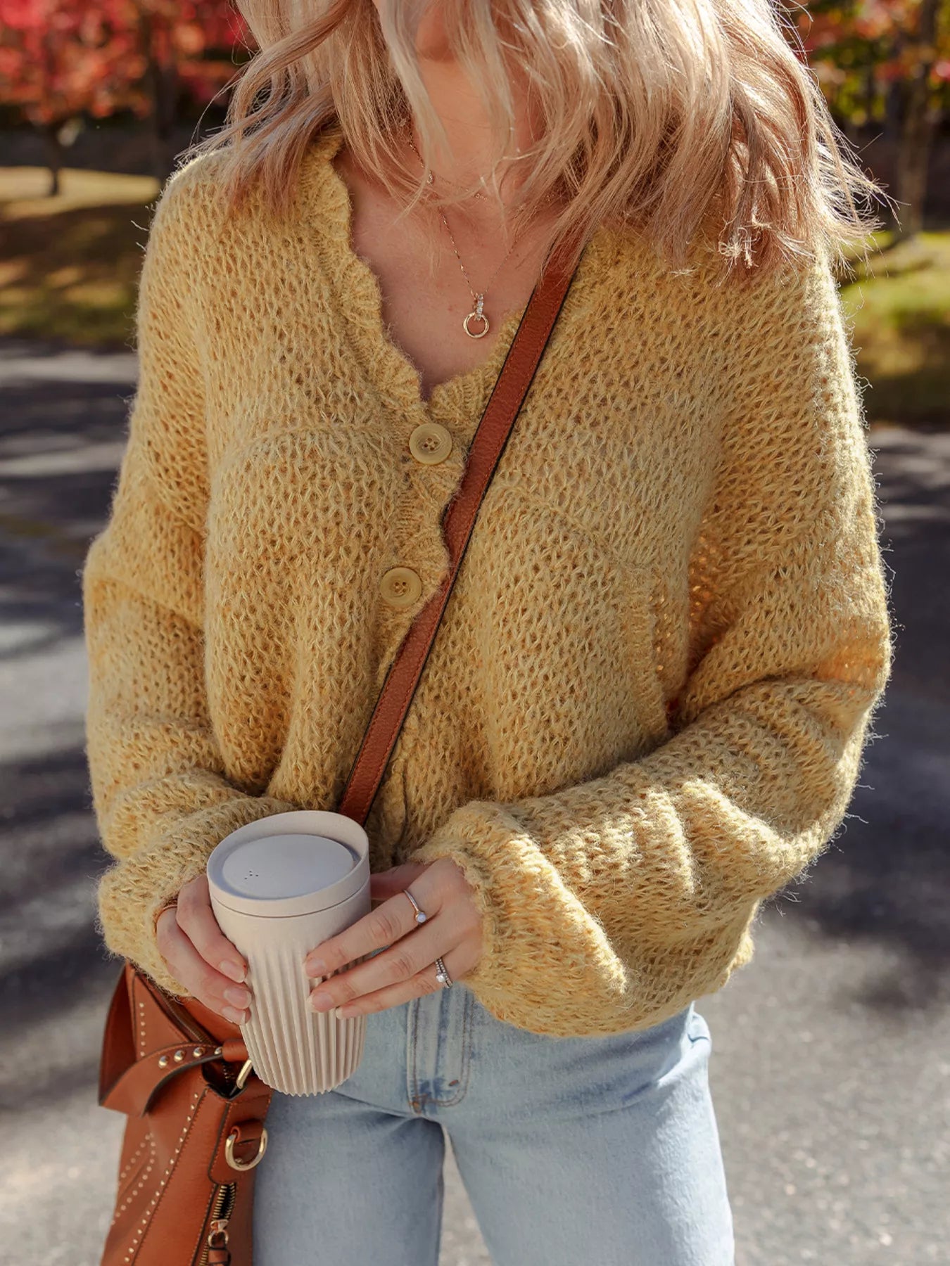 Women Women Lantern Sleeve Scallop V Neck Buttoned Front Cardigan Sweater