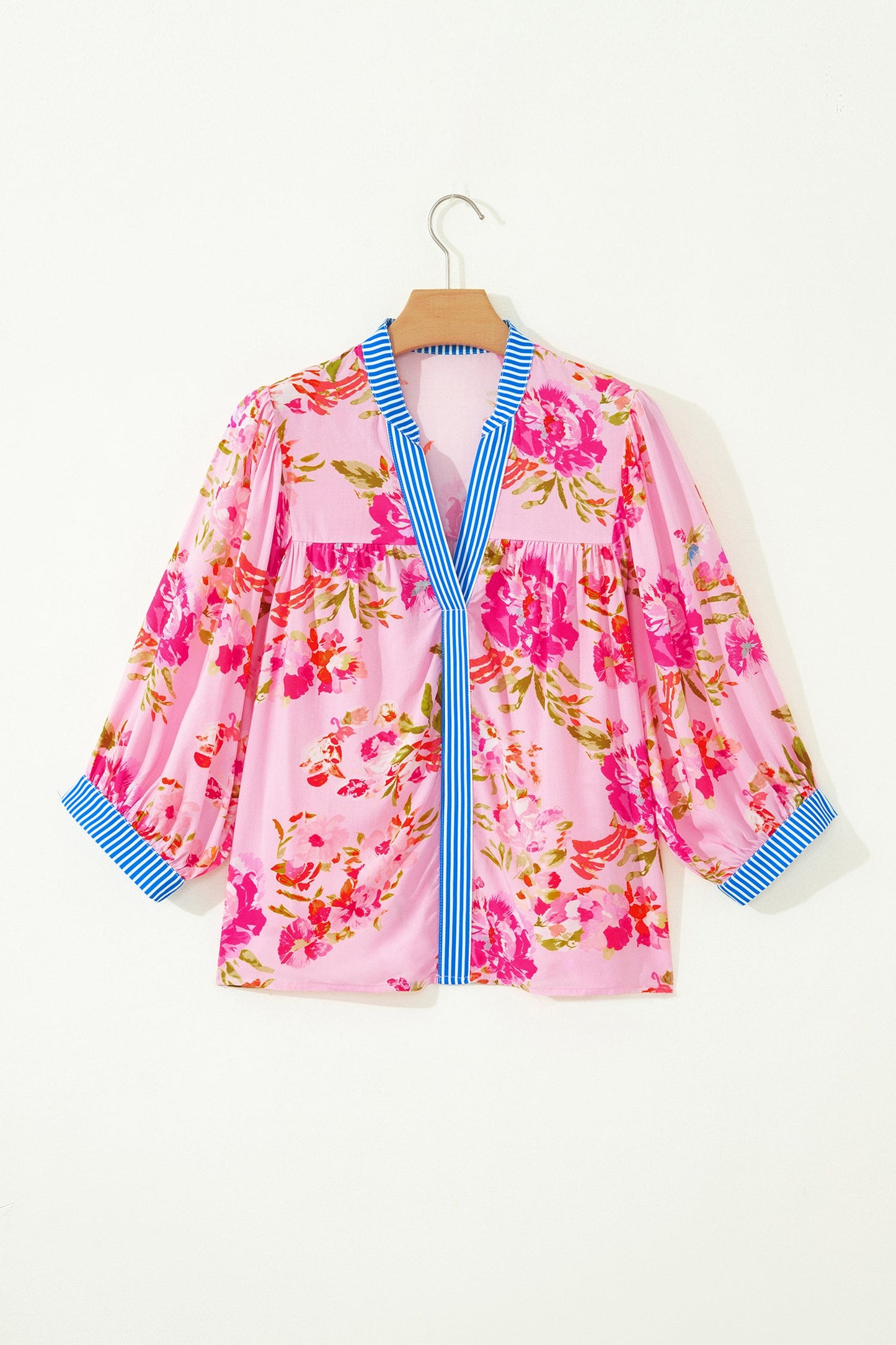 Floral 3/4 Sleeve Stripe Trim V-Neck Blouse