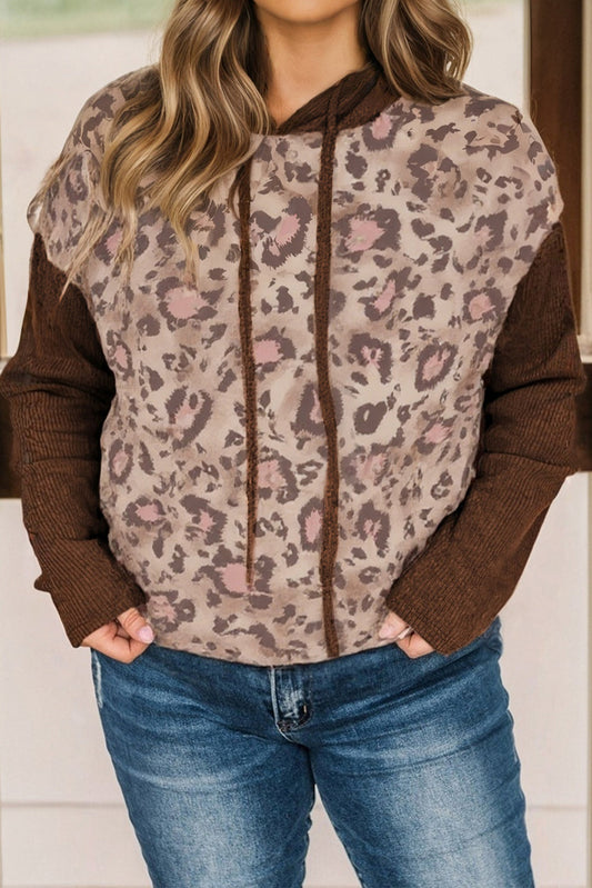 Plus Size Leopard Knit Patchwork Hoodie