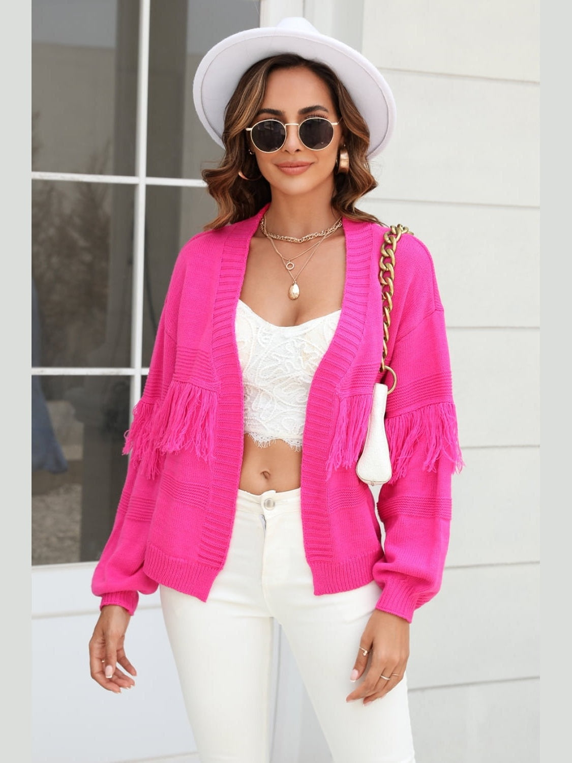 Women Double Take Fringe Trim Open Front Cardigan Sweater