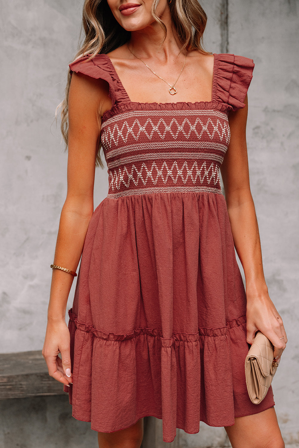 Geometric Embroidered Ruffle Mini Dress