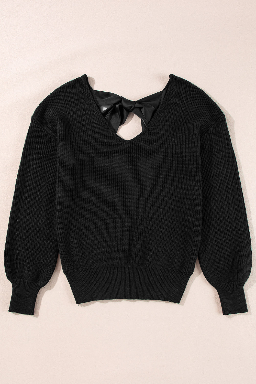 Bow Back  Lantern Sleeve V-Neck Sweater