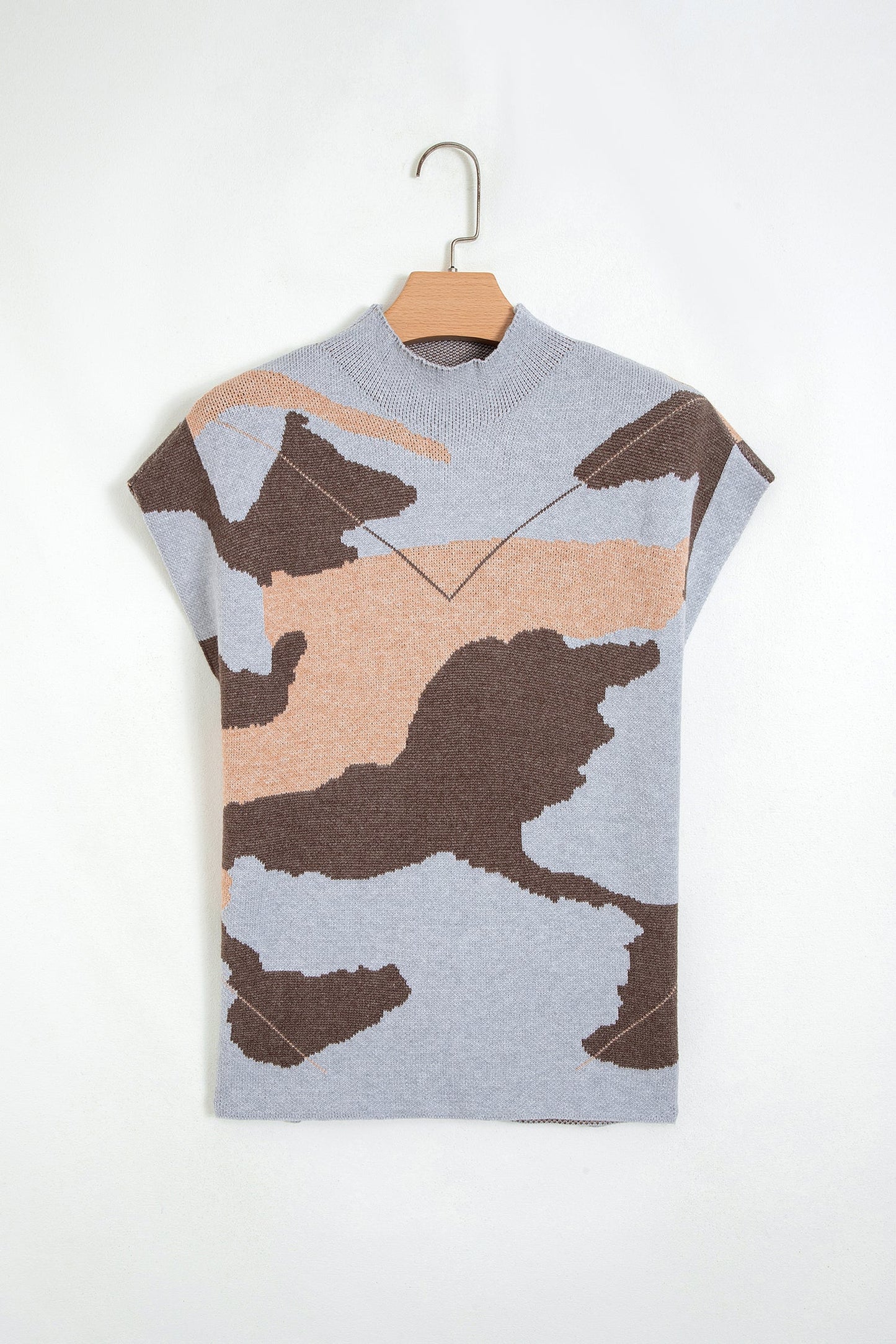 Camo Drop Shoulder High Neck Short Sleeve Sweater